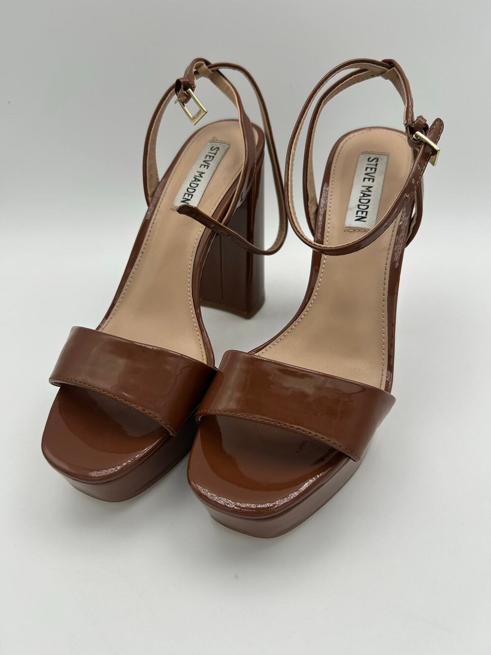 Steve Madden Lessa Platform Heels Womens 8 Brown Patent Ankle Strap Heel Sandals